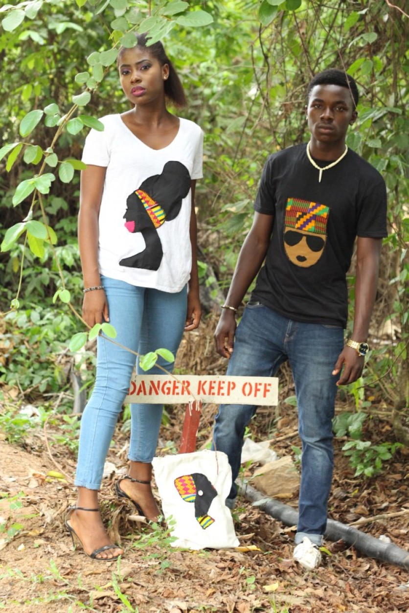 Models modelling African-inspired wears and canvas tote bag